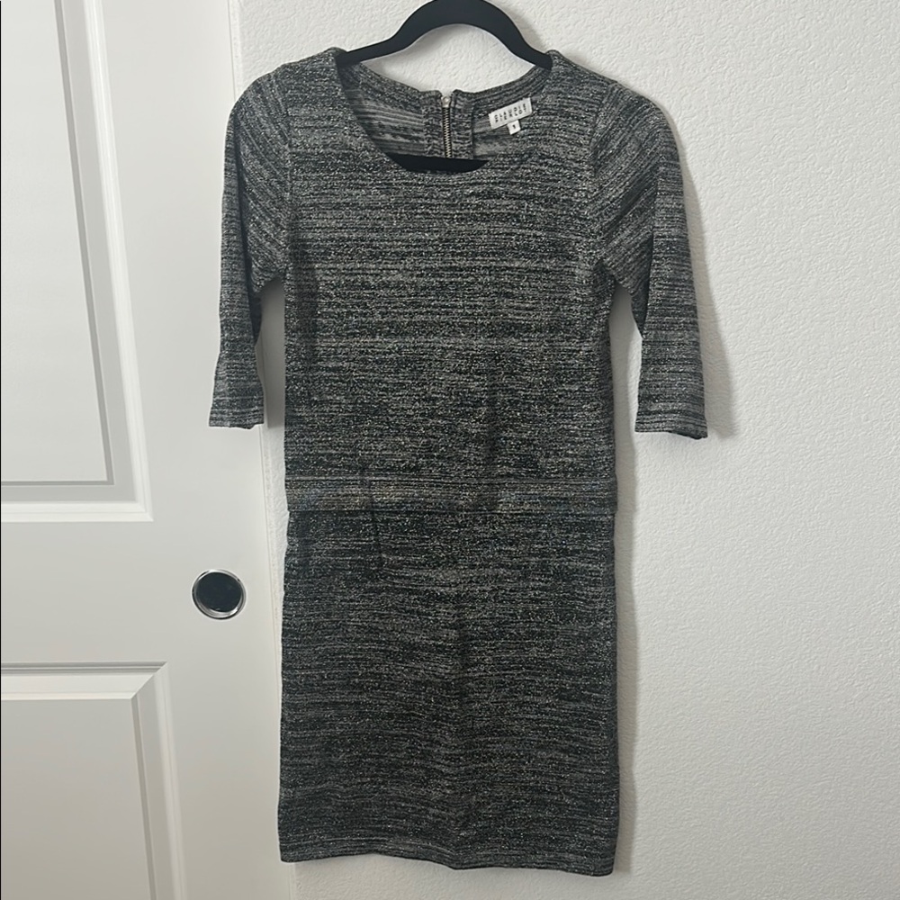 Silver Sheath Dress with Crew Neck and Cuffed 3/4 Sleeves